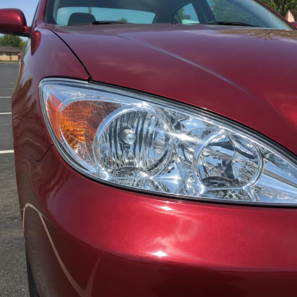 Headlight restoration on a red Toyota Camry — after restoration