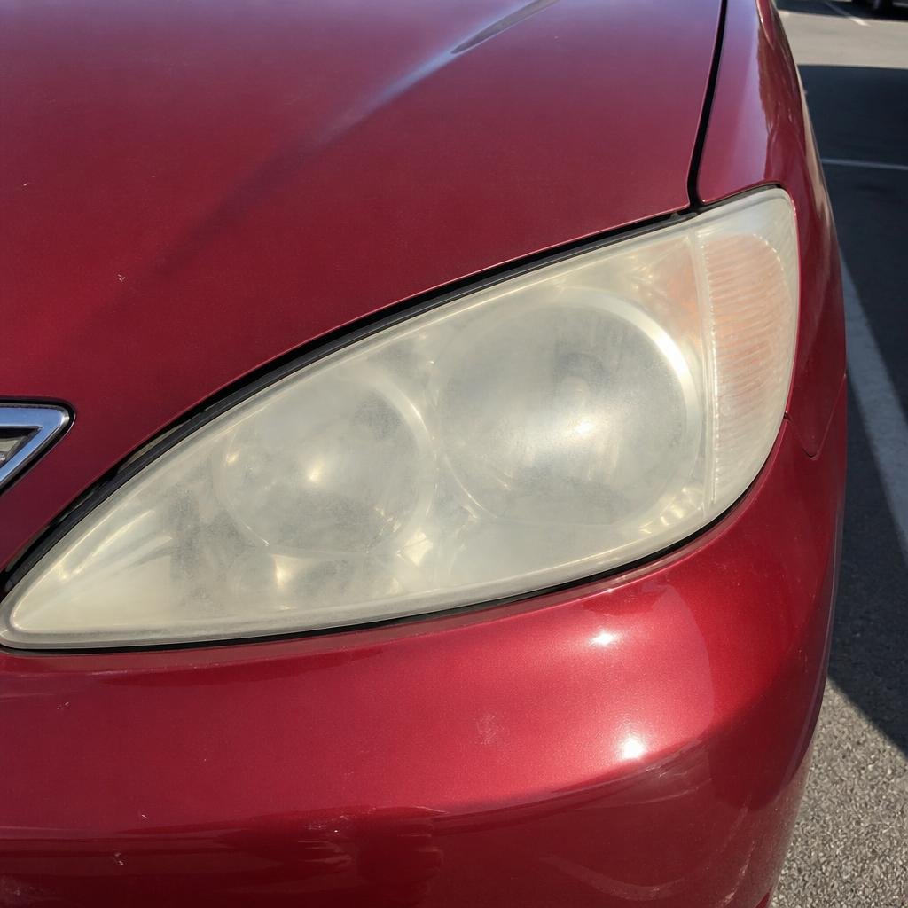 Headlight restoration on a red Toyota Camry — before restoration