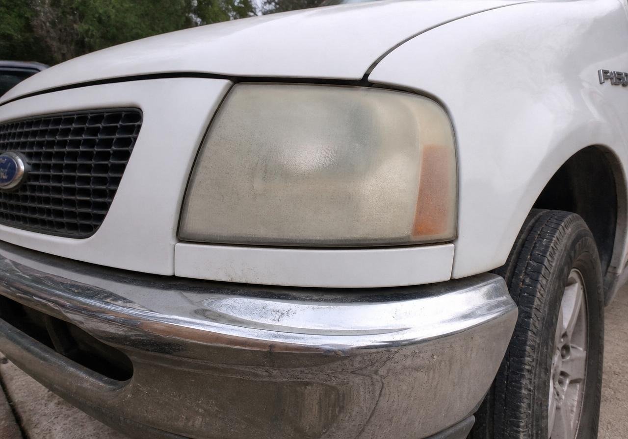 Headlight restoration on a white Ford F-150 truck — before restoration