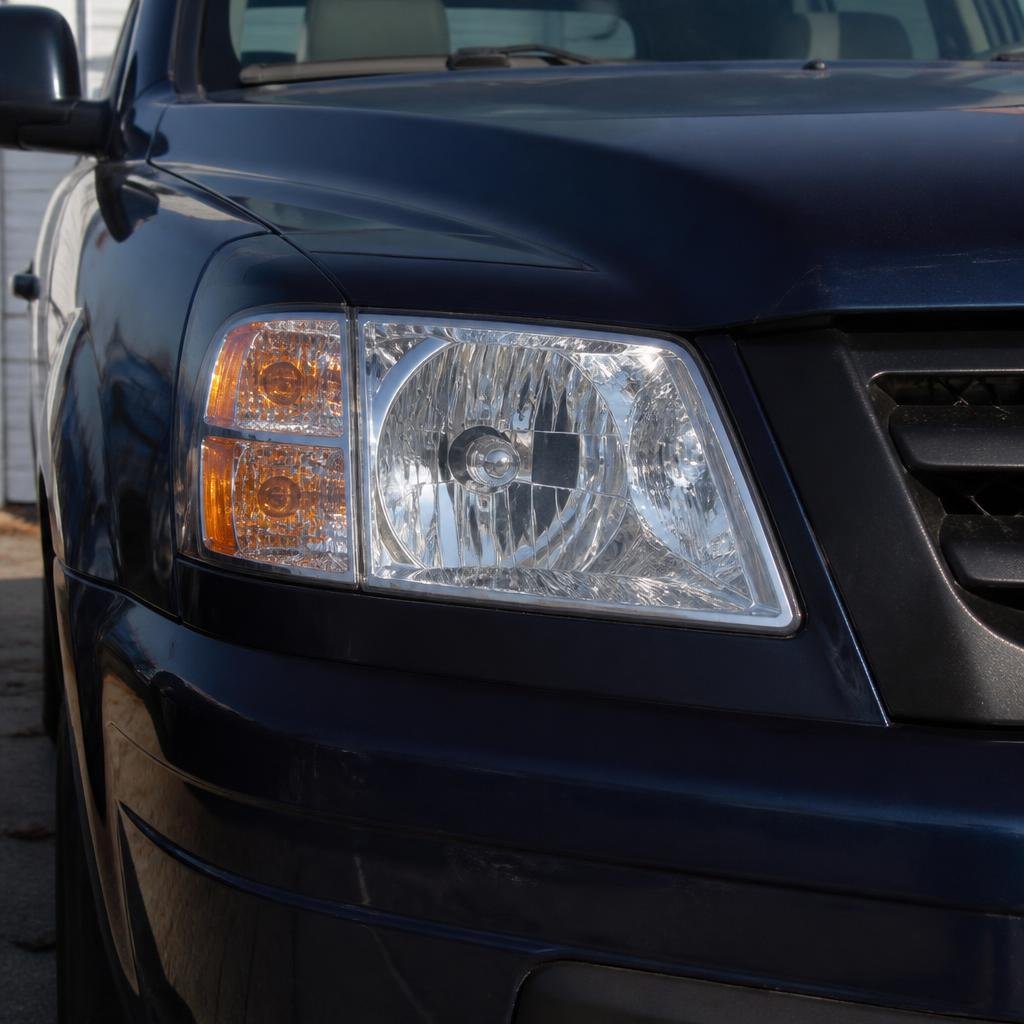 Headlight restoration on a dark blue Honda Pilot SUV — after restoration