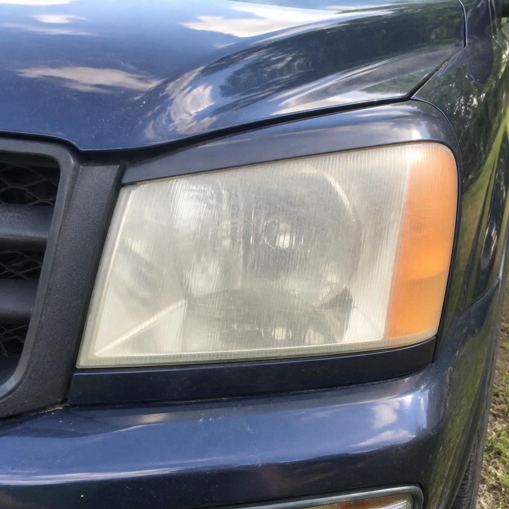 Headlight restoration on a dark blue Honda Pilot SUV — before restoration